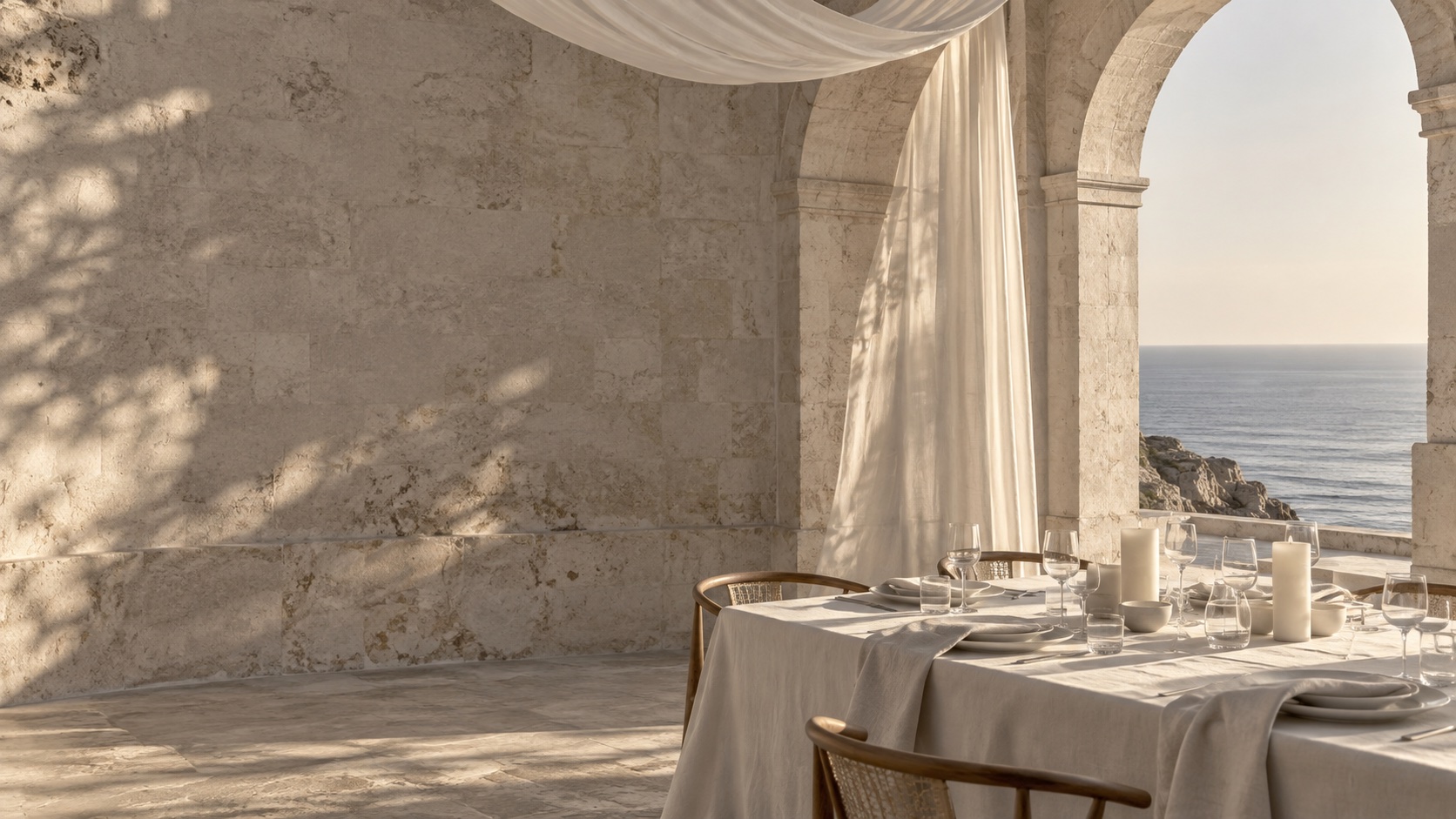 White linen and soft sunlight, an atmosphere for a celebration by the coast